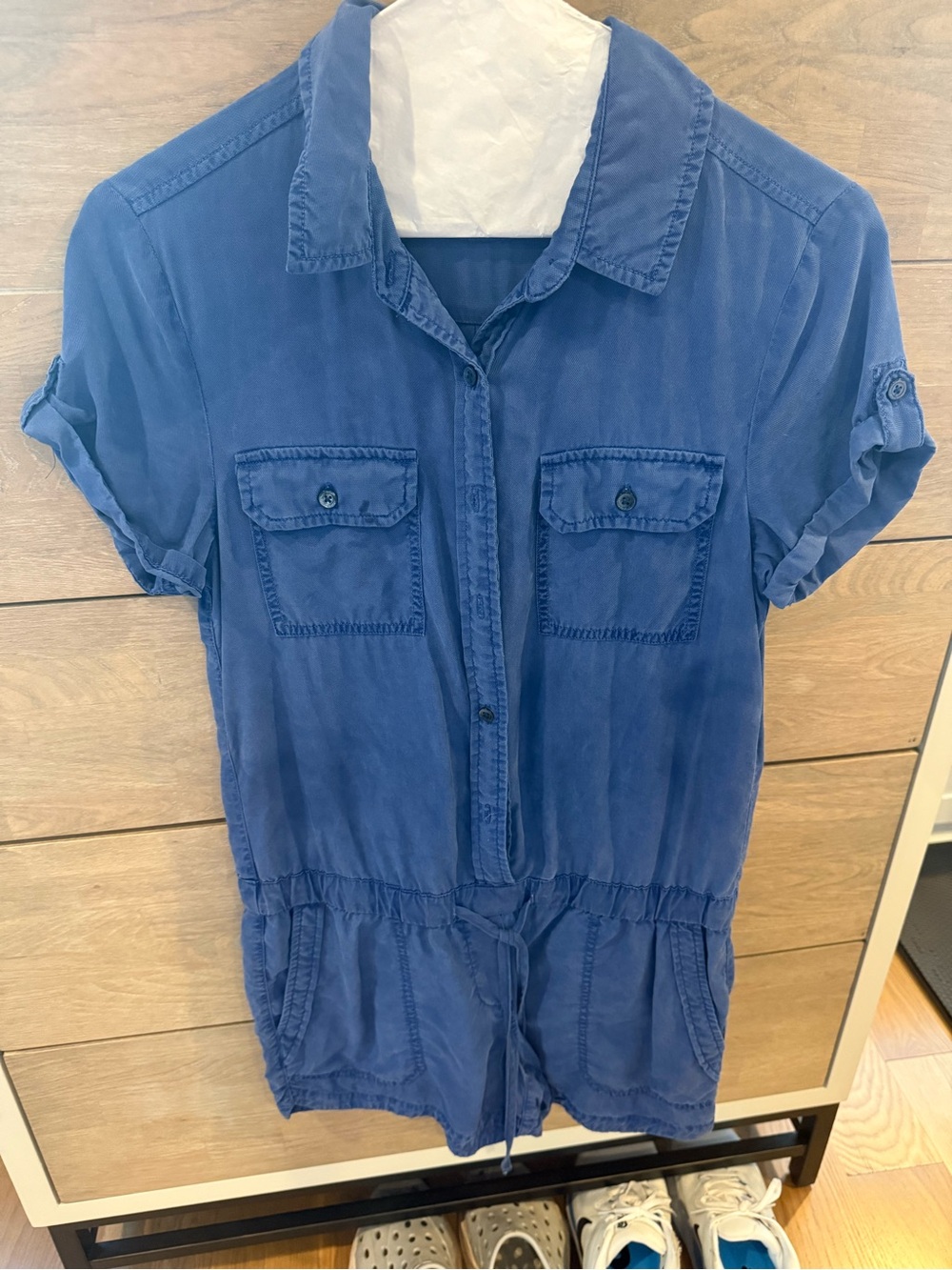 Womens Blue Short-Sleeve Utility Romper,2, Soft shorts